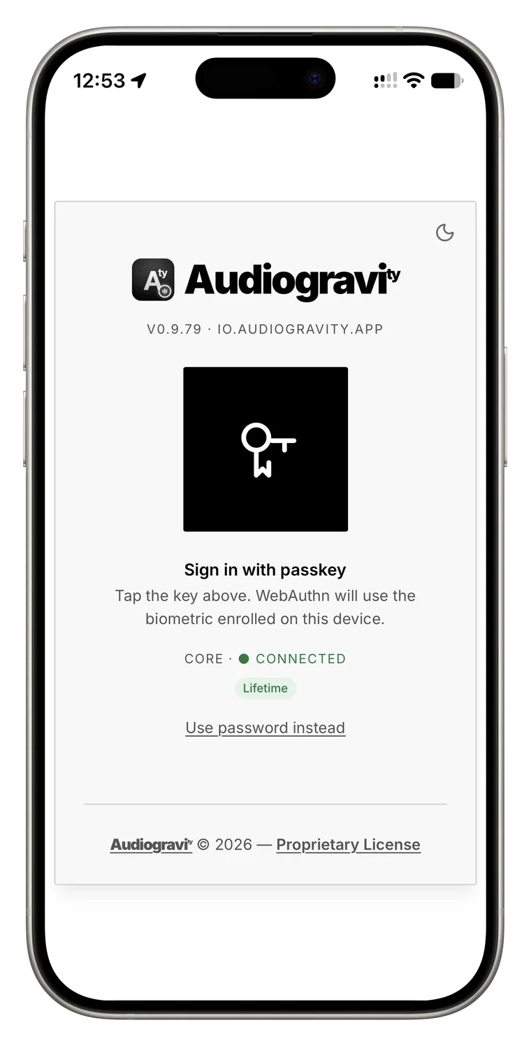 Audiogravity — Passkey login