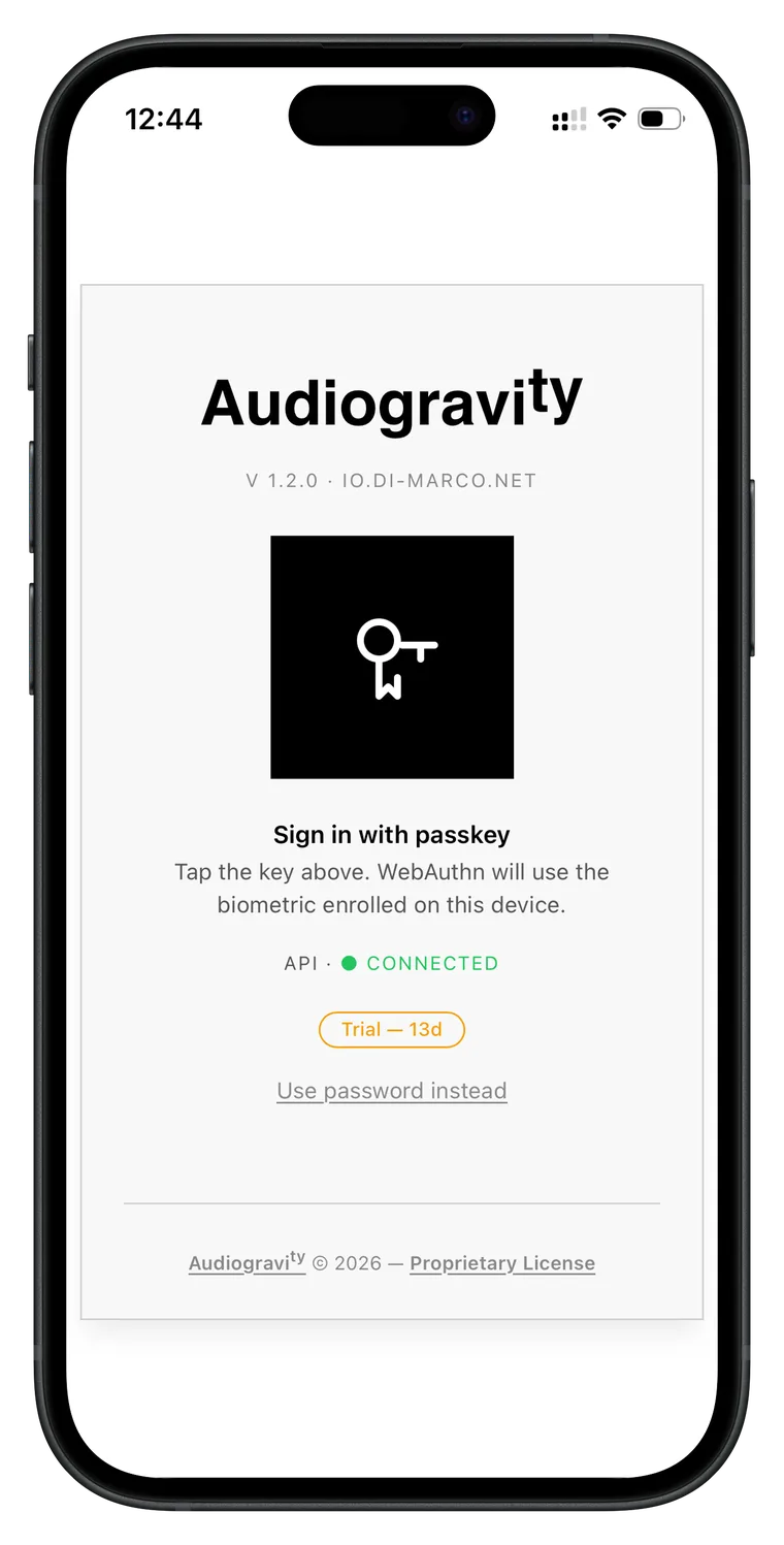 Audiogravi<sup>ty</sup> — Passkey login