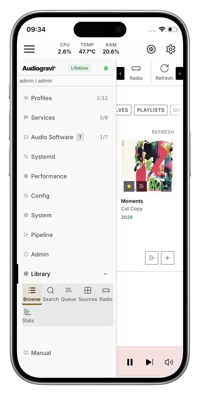 The app's menu