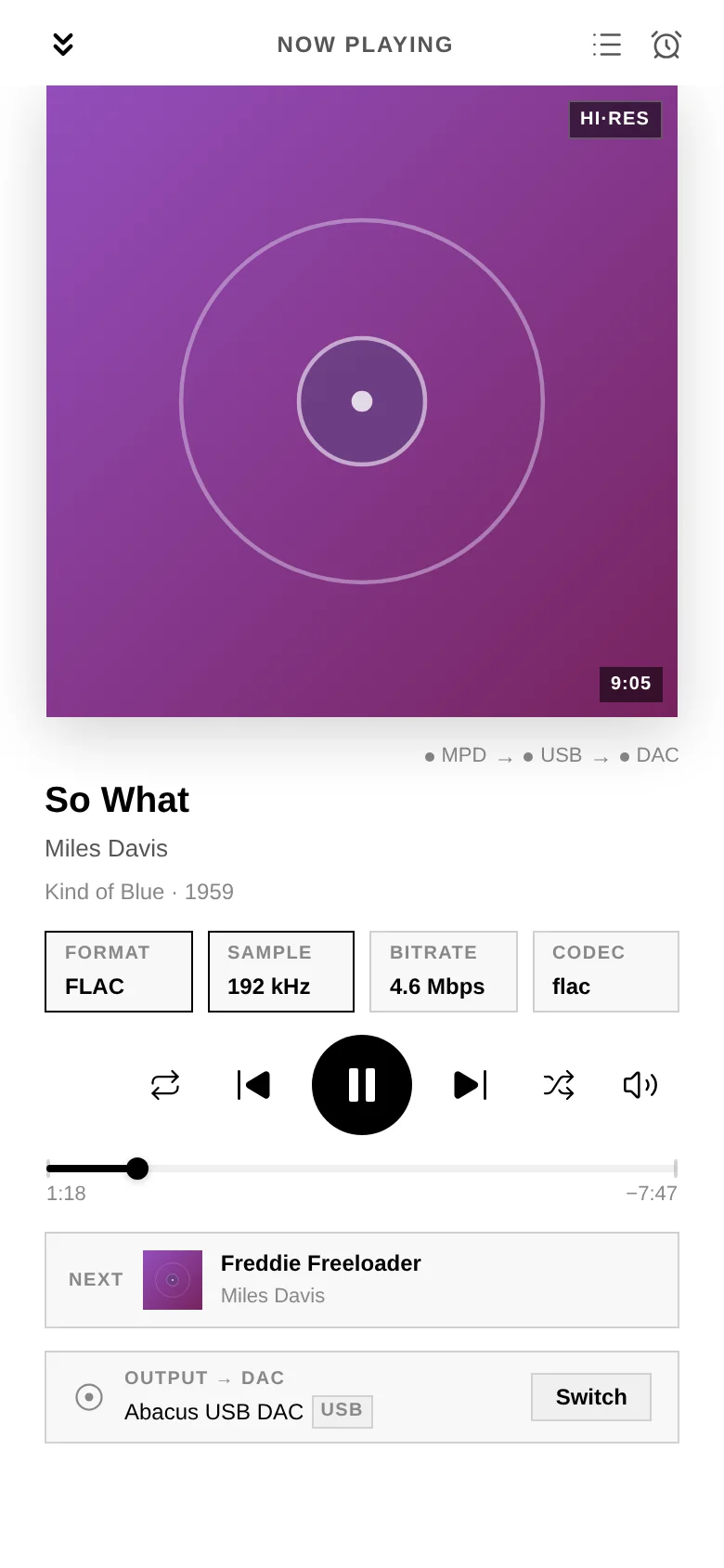 The fullscreen player: cover art, signal path, hi-fi format strip, transport, next track and output bar