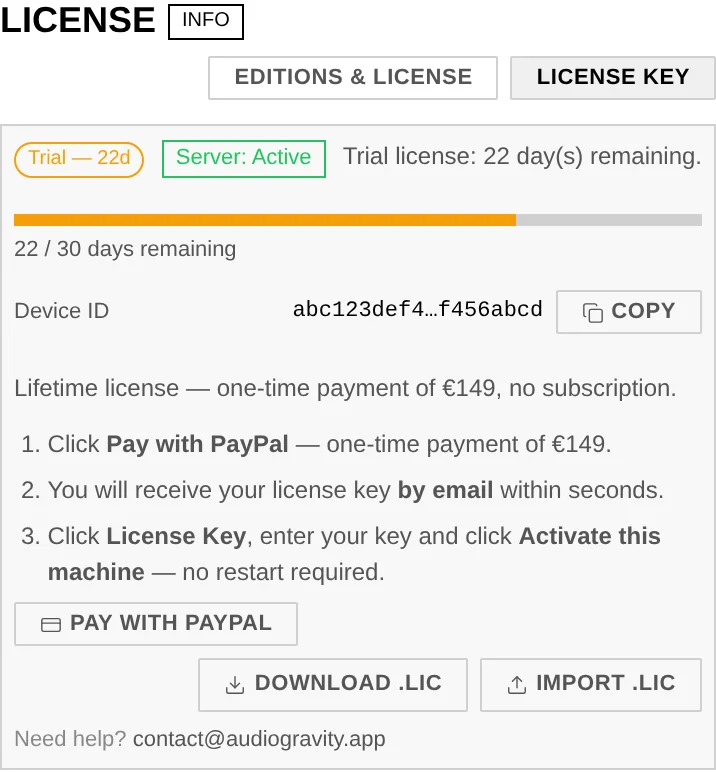 The licence panel during the trial: days remaining, server status, the Device ID with its copy button, and the activation steps