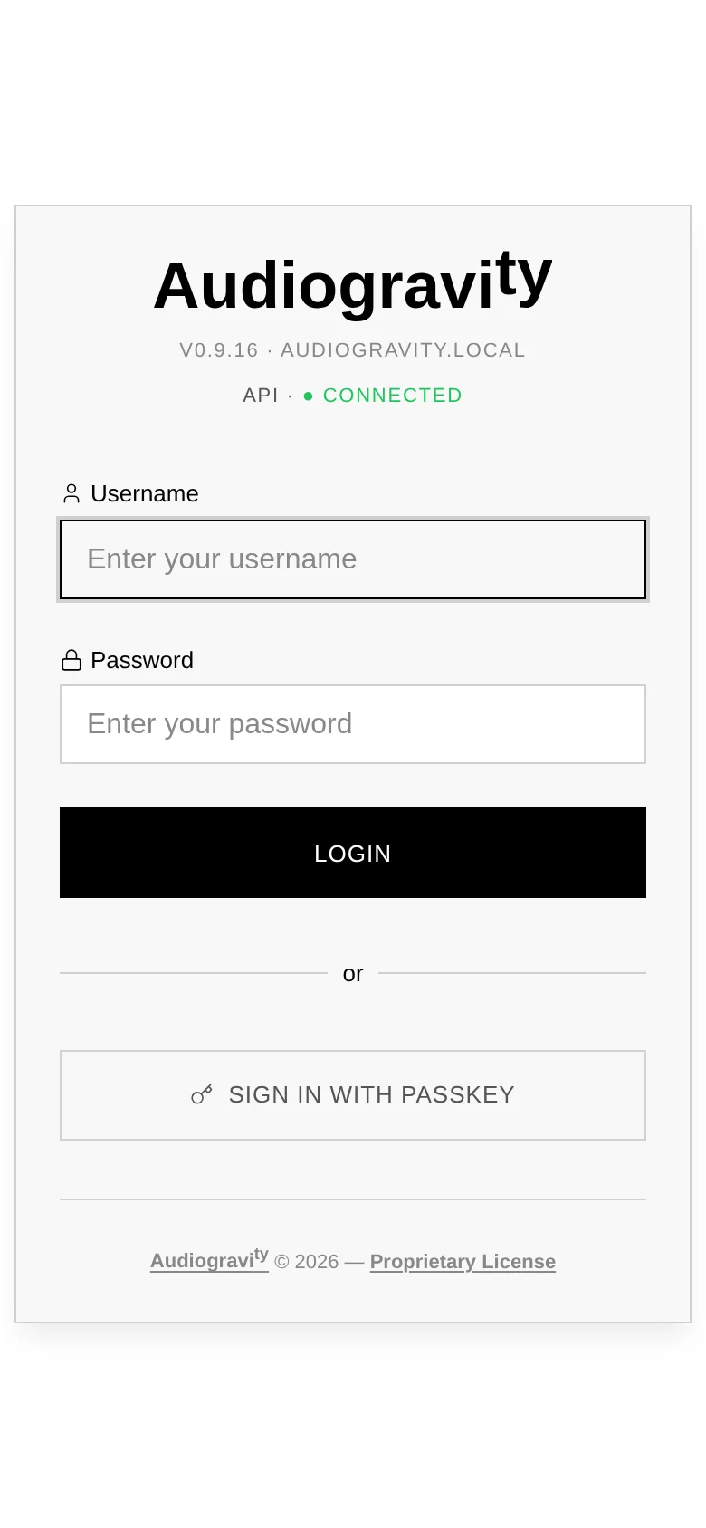 The login screen: username and password, or one-tap sign-in with a passkey