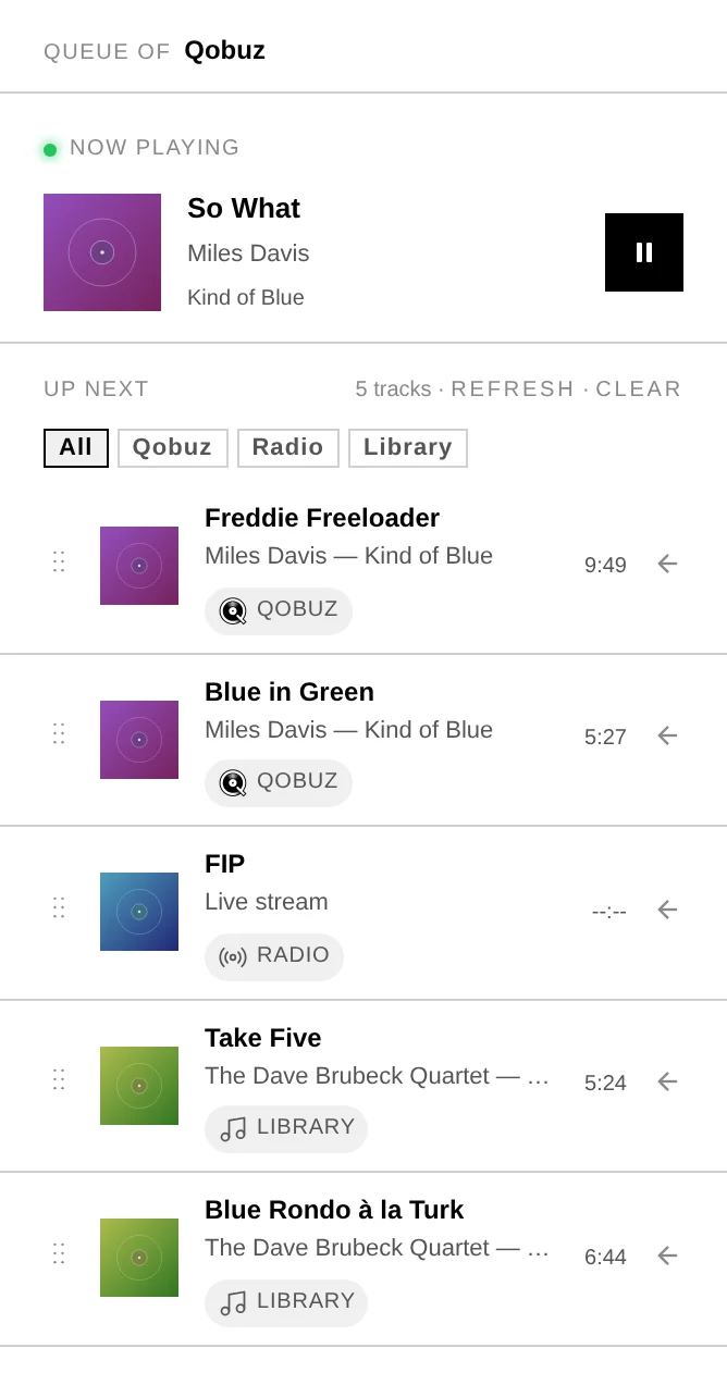 A mixed queue: Qobuz, radio and local-library tracks with per-source badges and the source filter bar