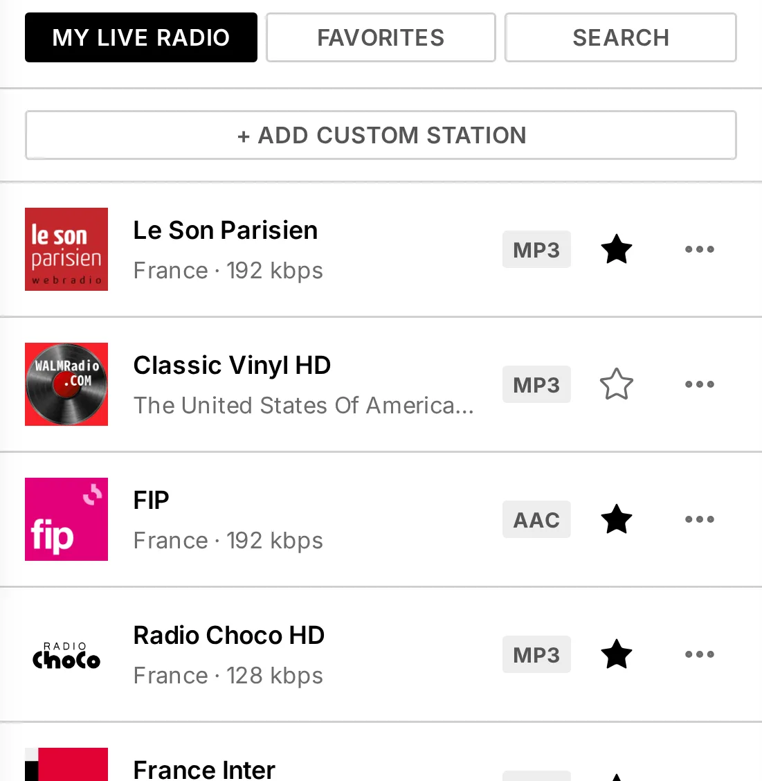 My Live Radio: the three sub-tabs, the Add custom station button, and station rows with their logo, country, bitrate, codec badge and favourite star