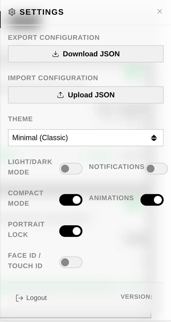 The Settings panel: configuration export/import, theme, display toggles and passkeys