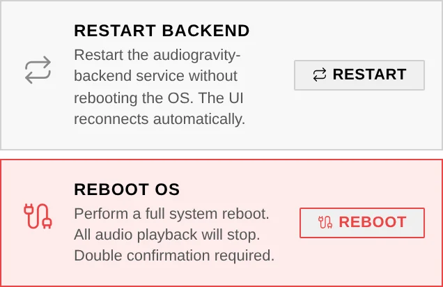 System actions: Restart Backend in neutral styling, Reboot OS framed in red with its double-confirmation warning