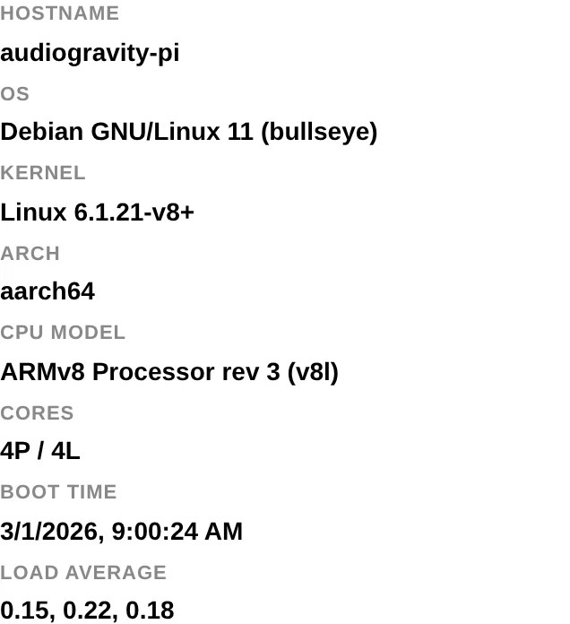The system information panel: hostname, OS, kernel, architecture, CPU model, cores, boot time and load average